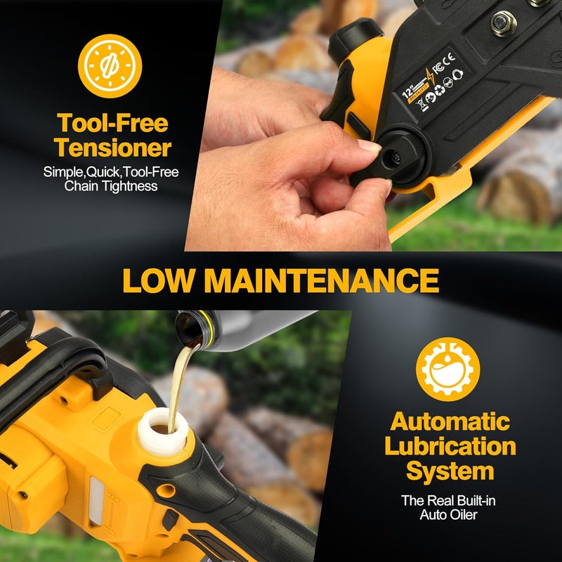 FXAFXA Brushless Electric Chainsaw 12" Cordless Tool Only for Dewalt 20V/60V Battery with Auto Oiler & Security Lock, for Tree Trimming and Branch Wood Cutting (Tool Only) (for DeWalt 20v Battery) - Image 5